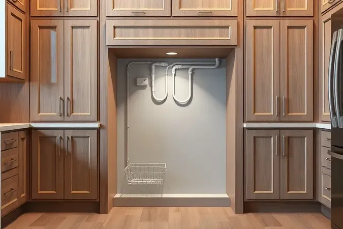 Esquema conceitual 3D de nicho e conexões para instalação de lava-louças em móvel planejado.