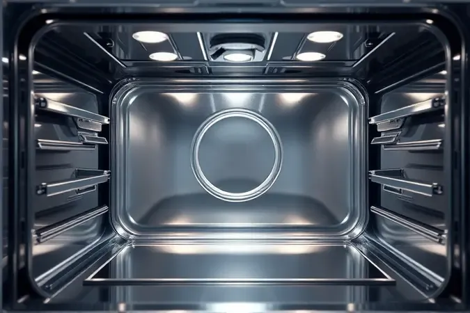 Câmara de forno em aço inox perfeitamente limpa e higienizada em render 3D conceitual.
