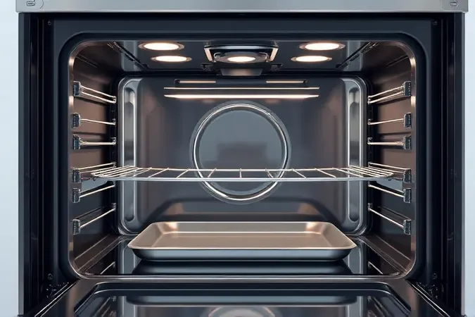 Representação 3D da limpeza e manutenção de peças removíveis de forno elétrico moderno.