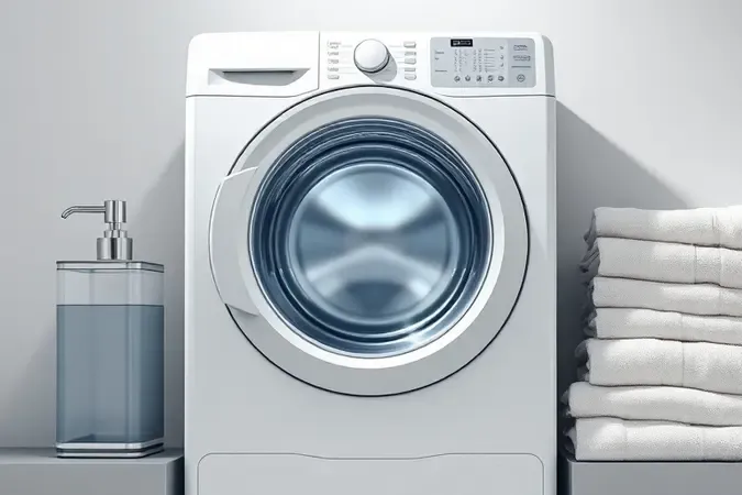Render 3D de cuidados e manutenção preventiva do cesto de uma máquina de lavar roupas.
