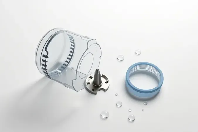 Cena conceitual em 3D de peças desmontadas de liquidificador limpas e secando sobre bancada.