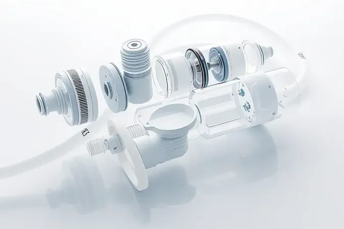 Representação 3D conceitual de filtros, mangueiras e reservatórios perfeitamente limpos e organizados.