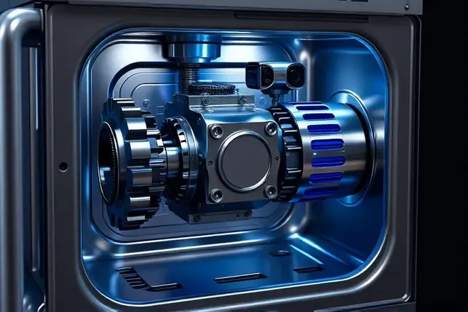 Render 3D conceitual de engrenagens de metal e motor potente de batedeira para massas pesadas.