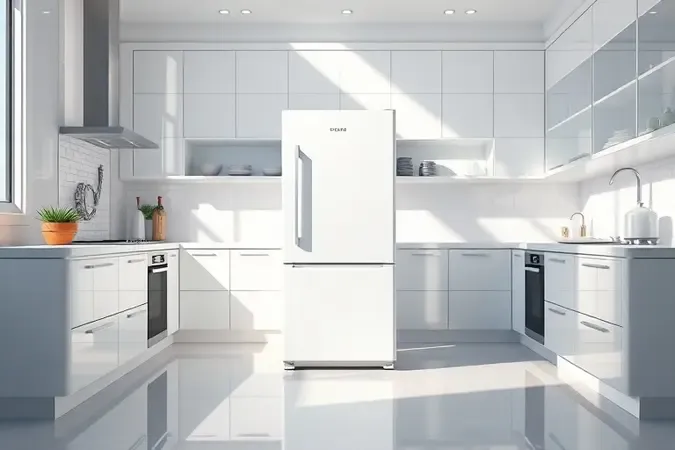 Ilustração 3D de geladeira impecável e bem preservada em cozinha contemporânea.