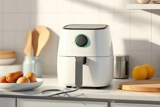 Renderização 3D de airfryer com cabo organizado em bancada limpa representando segurança e manutenção.