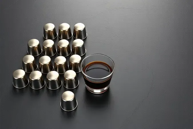 Composição 3D artística com cápsulas de café dispostas em padrão equilibrado representando variedade e economia.