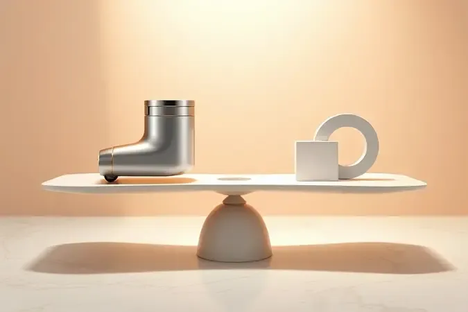 Conceito de custo-benefício na escolha de robô aspirador representado por balança simbólica em render 3D clean