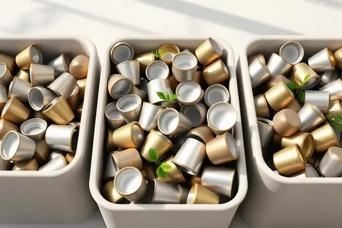 Descarte sustentável de cápsulas de café usadas em lixeiras de reciclagem com plantas, render conceitual.