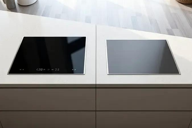 Comparação entre fogão de embutir com mesa de vidro preta e acabamento inox, render 3D conceitual