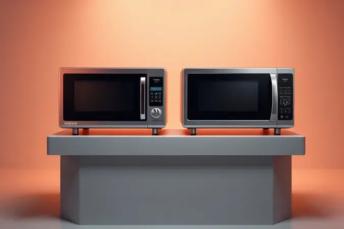 Comparação conceitual 3D de modelos de micro-ondas de diferentes tamanhos e capacidades para cozinha.