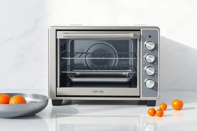 Visualização 3D de forno elétrico compacto com bandeja removível e superfícies de fácil limpeza.