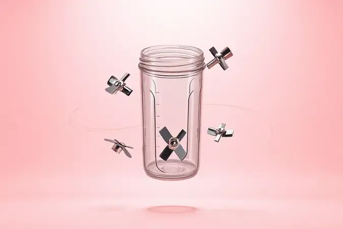 Visualização 3D detalhada de lâminas de aço e design da jarra de liquidificador moderno.
