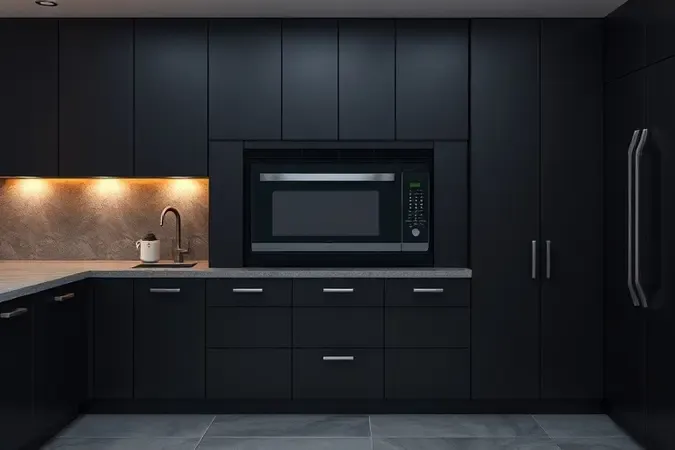 Micro-ondas embutido com design minimalista integrado a armários escuros em cozinha moderna.