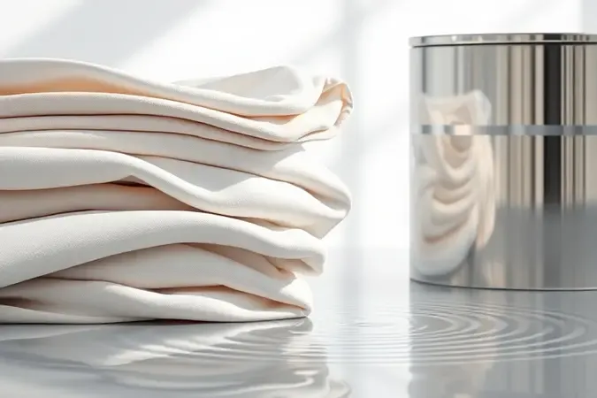 Ilustração 3D conceitual de tecidos delicados e roupas dobradas suavemente perto de tambor de lavagem.