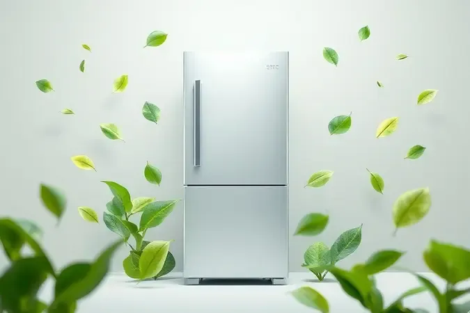 Visualização 3D de geladeira ecológica simbolizando economia de energia e preservação de alimentos.