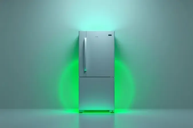 Ilustração 3D conceitual sobre eficiência energética e economia de eletricidade em refrigeradores.