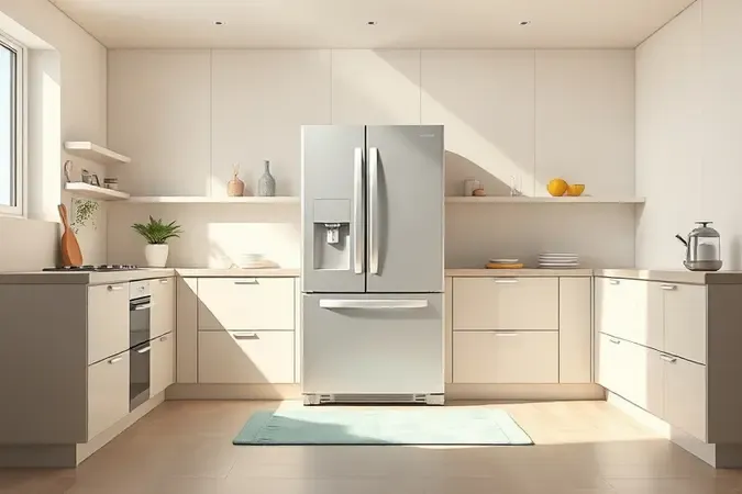 Render 3D de geladeira side by side em cozinha minimalista com espaço para ventilação e limpeza