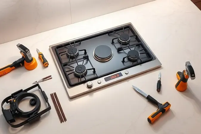 Instalação de cooktop a gás em bancada de quartzo com ferramentas e ambiente seguro