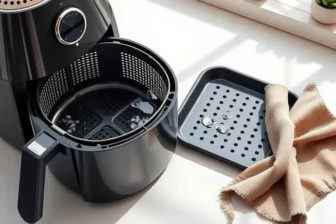 Cesto antiaderente limpo de air fryer com gotas de água destacando a manutenção e limpeza fácil.