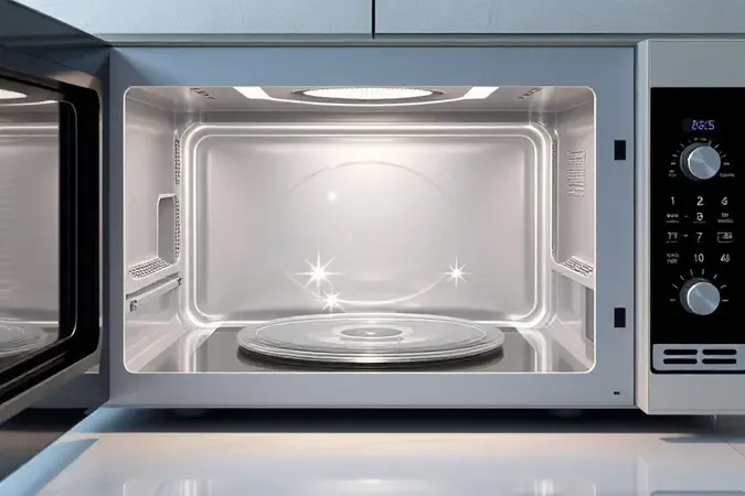 Interior de micro-ondas limpo e higienizado com acabamento brilhante e impecável.