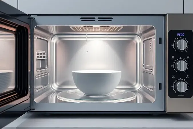 Representação 3D de interior de micro-ondas limpo com prato giratório e acabamento em inox brilhante.