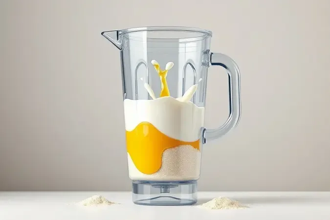 Representação 3D da ordem ideal de ingredientes e mistura homogênea em liquidificador.