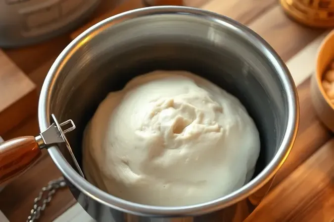 Visualização 3D de massa de pão lisa e homogênea sovada na batedeira com gancho de metal.