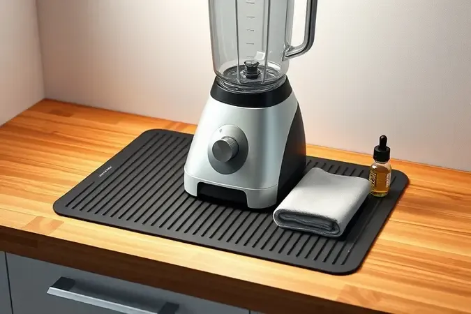 Render 3D de liquidificador sobre tapete antivibração com itens de manutenção em cozinha moderna.
