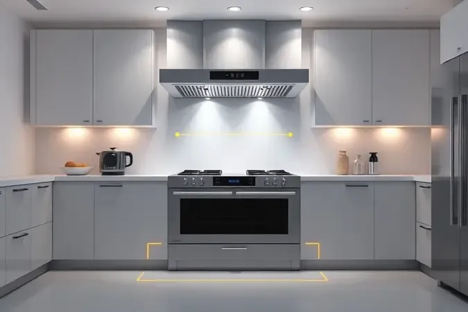 Ilustração 3D conceitual sobre instalação segura e posicionamento de fogão na cozinha.