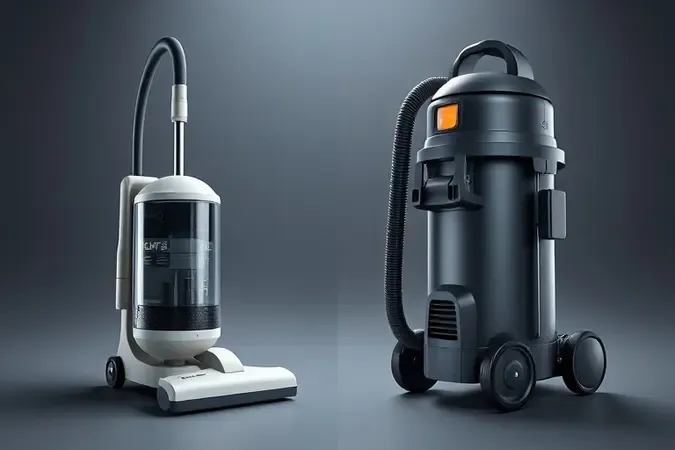 Comparação conceitual 3D entre aspirador doméstico comum e aspirador profissional robusto, destacando diferenças de construção e design industrial.
