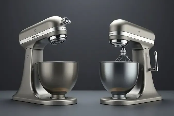 Comparativo conceitual em 3D entre estruturas de batedeiras com cabeça inclinável e elevação de tigela.