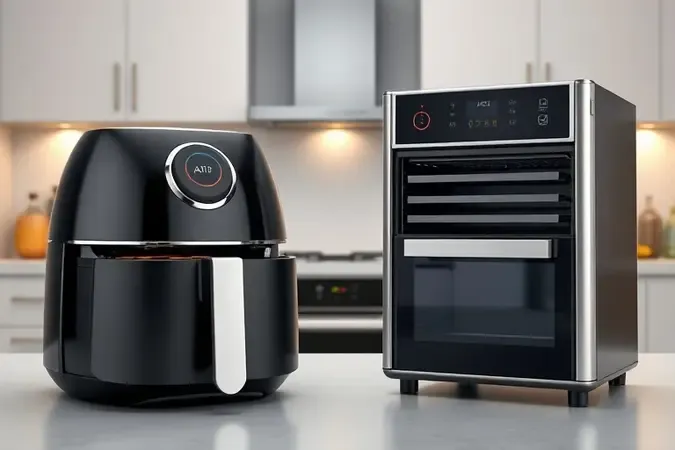 Comparação 3D entre modelo tradicional de cesto e modelo air fryer oven com prateleiras.