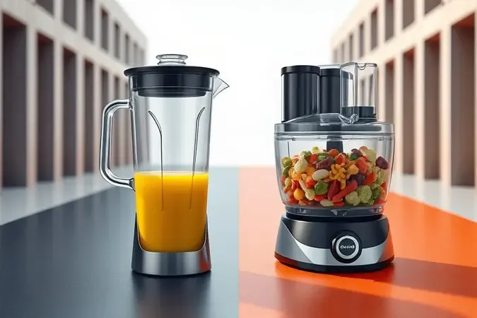 Comparação 3D conceitual entre jarra de liquidificador blender e tigela de processador de alimentos.