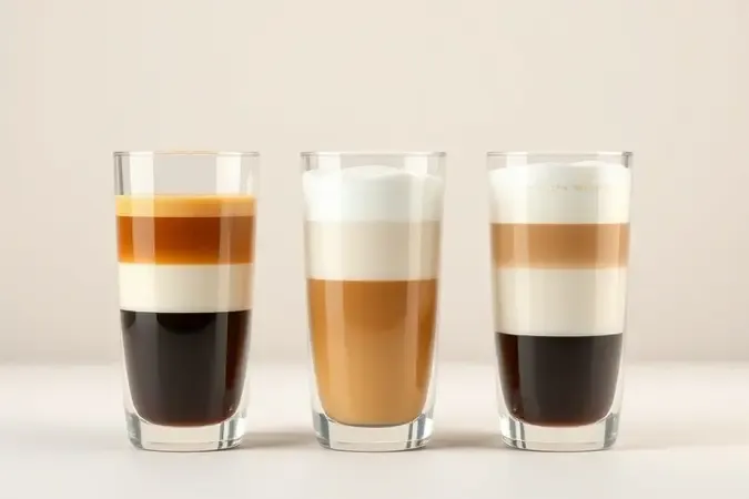 Diferença visual entre proporções de café e leite em cappuccino, latte e macchiato.