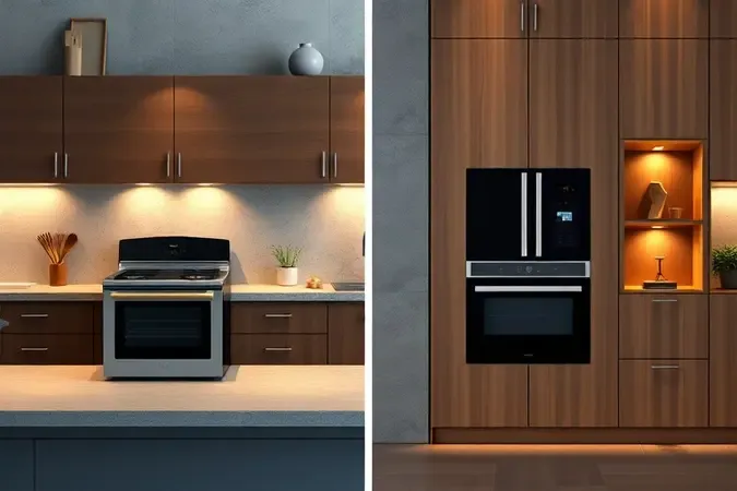 Comparação conceitual entre micro-ondas de bancada e modelo de embutir em nicho planejado.