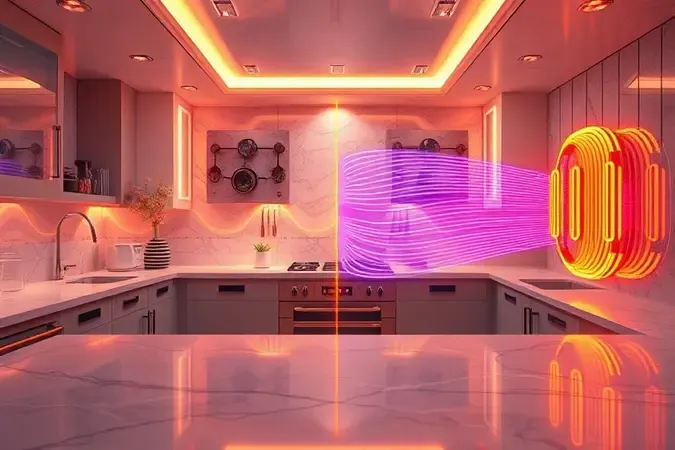 Render 3D conceitual mostrando os mecanismos de aquecimento e design de micro-ondas e forno elétrico.