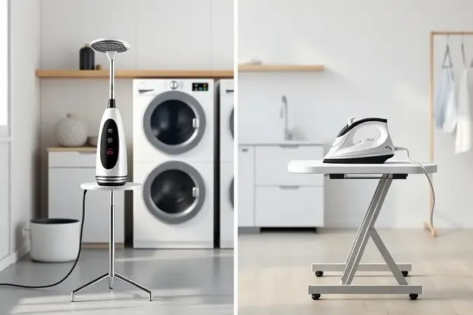 Comparação conceitual em 3D entre um vaporizador vertical e um ferro de passar tradicional.