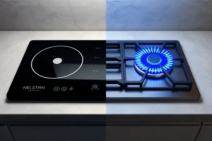 Comparação conceitual entre tecnologia de fogão elétrico por indução e queimador a gás tradicional.