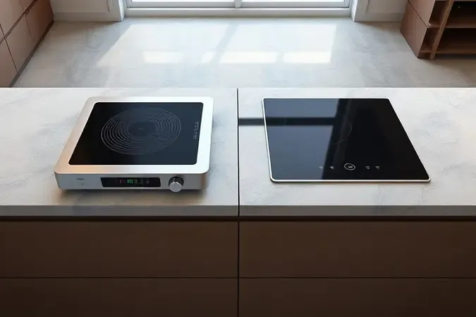 Comparação visual entre fogão elétrico de mesa portátil e cooktop embutido em cozinha moderna.