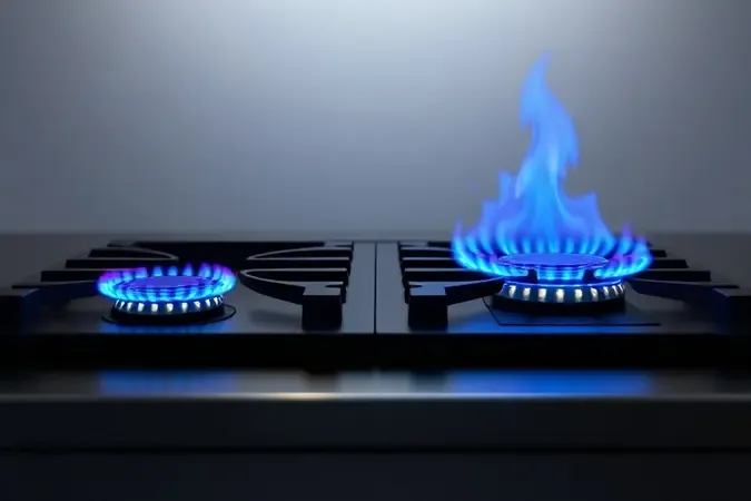 Ilustração 3D conceitual comparando queimadores de alta potência de fogão industrial.