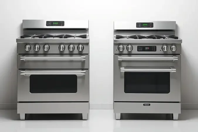 Comparativo conceitual entre fogão industrial de 4 bocas com forno e fogão convencional em render 3D
