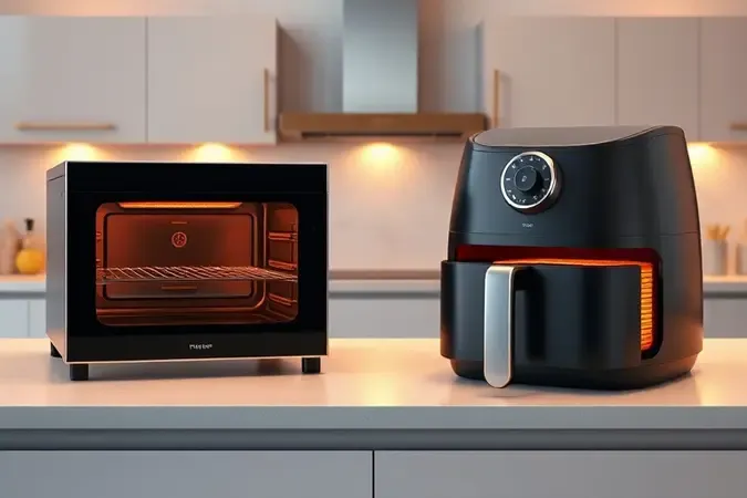 Comparação em 3D entre forno elétrico pequeno e fritadeira sem óleo air fryer em bancada moderna.