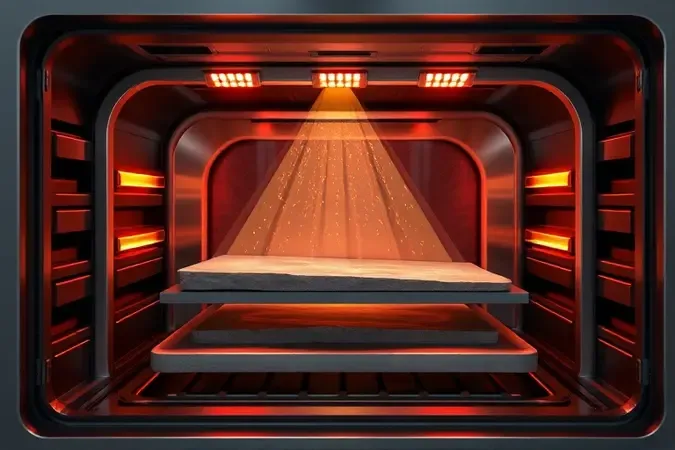 Visualização 3D de câmara interna de forno mostrando circulação de ar quente turbo e lastro refratário.