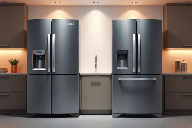 Ilustração 3D conceitual comparando layouts modernos de refrigeradores french door e side by side.