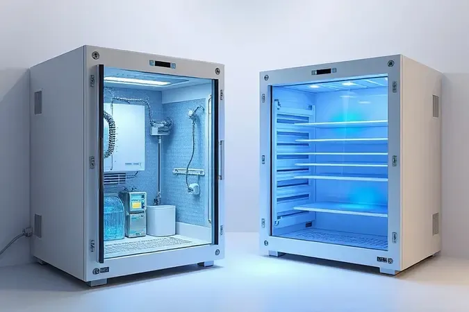 Representação conceitual 3D comparando sistemas de refrigeração e circulação de ar frio em geladeiras.