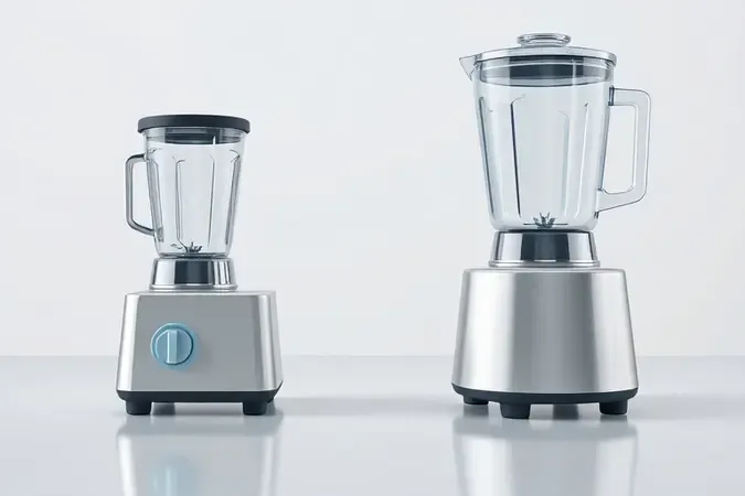 Render 3D comparativo entre liquidificador doméstico compacto e liquidificador industrial de grande capacidade