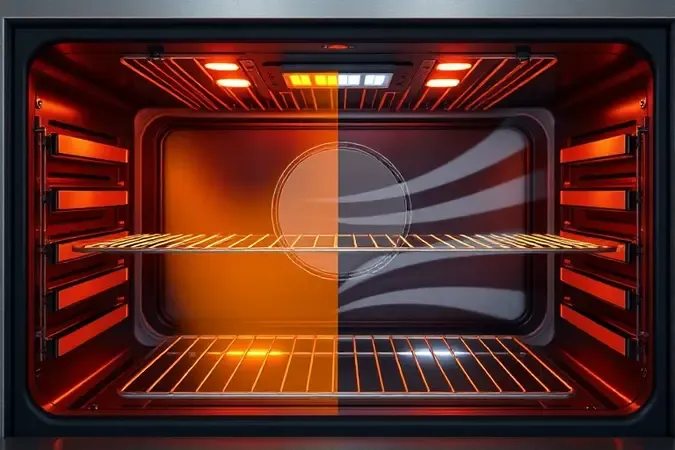 Ilustração 3D conceitual de elementos de aquecimento por convecção e grill em eletrodoméstico de cozinha.