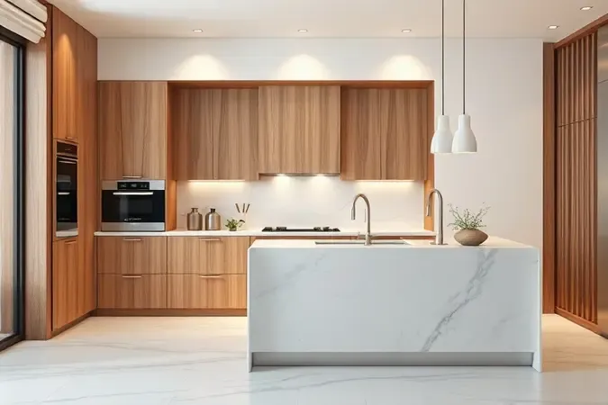 Comparativo conceitual 3D entre micro-ondas de embutir no armário e modelo de bancada.