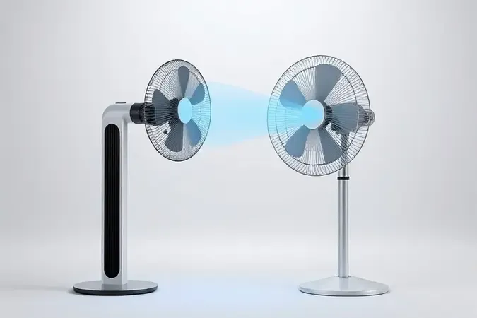 Comparação 3D entre ventilador torre vertical e ventilador tradicional de pedestal