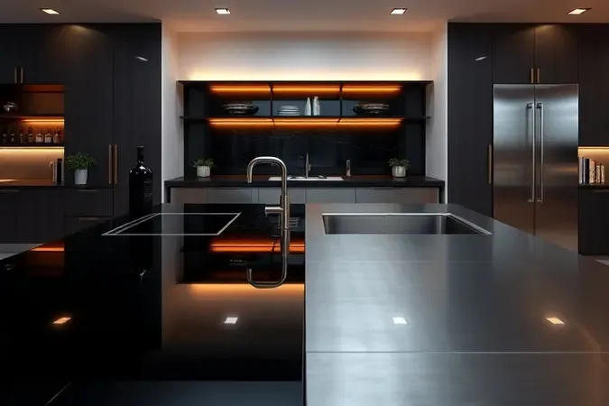 Comparativo conceitual 3D entre superfícies de mesa de vidro temperado e aço inoxidável para fogões.